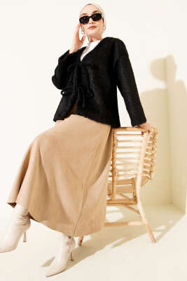 Önü Bağcıklı Sakallı Kısa Kimono Siyah - Dış Giyim&Mont