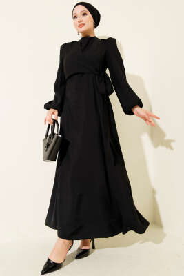 Önü Bağlama Detaylı Elbise Siyah - Tesettür Elbise