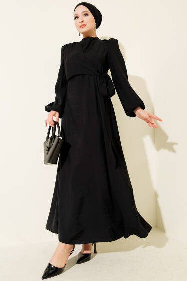 Önü Bağlama Detaylı Elbise Siyah - Tesettür Elbise