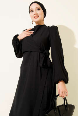 Önü Bağlama Detaylı Elbise Siyah - Tesettür Elbise