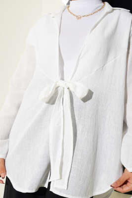 Önü Bağlama Detaylı Keten Kimono Beyaz - 300-500 TL Ürünler