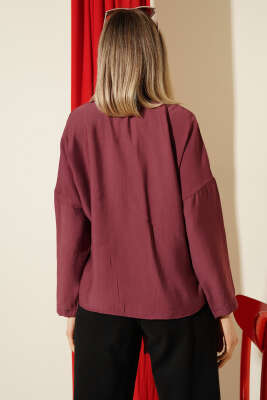 Önü Bağlama Detaylı Modal Gömlek Bordo - Günün Kombini