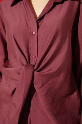 Önü Bağlama Detaylı Modal Gömlek Bordo - Günün Kombini