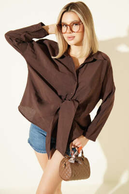 Önü Bağlama Detaylı Modal Gömlek Kahve - Günün Kombini