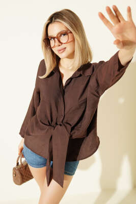 Önü Bağlama Detaylı Modal Gömlek Kahve - DİVON