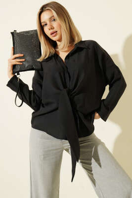 Önü Bağlama Detaylı Modal Gömlek Siyah - Günün Kombini