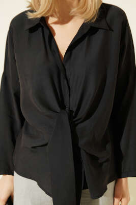 Önü Bağlama Detaylı Modal Gömlek Siyah - Günün Kombini