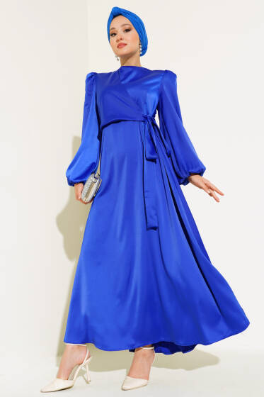 Önü Bağlama Detaylı Saten Elbise Saks - Elbise