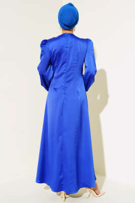 Önü Bağlama Detaylı Saten Elbise Saks - Tesettür Elbise