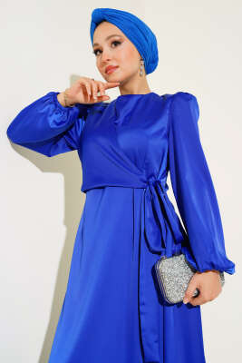 Önü Bağlama Detaylı Saten Elbise Saks - Tesettür Elbise