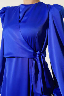 Önü Bağlama Detaylı Saten Elbise Saks - Tesettür Elbise