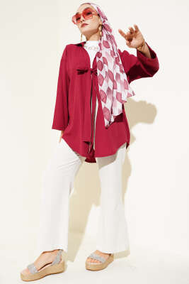 Önü Bağlamalı Ağaç Kabuğu Kimono Bordo - Dış Giyim&Mont