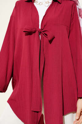 Önü Bağlamalı Ağaç Kabuğu Kimono Bordo - Dış Giyim&Mont