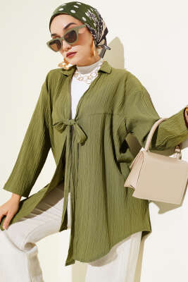 Önü Bağlamalı Ağaç Kabuğu Kimono Haki - Dış Giyim&Mont