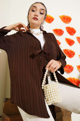 Önü Bağlamalı Ağaç Kabuğu Kimono Kahve 