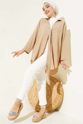 Önü Bağlamalı Ağaç Kabuğu Kimono Latte - 300-500 TL Ürünler