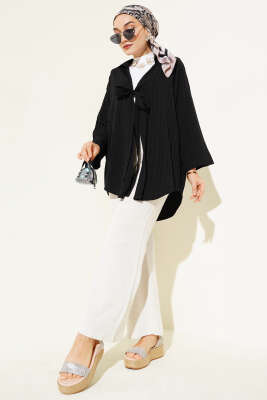 Önü Bağlamalı Ağaç Kabuğu Kimono Siyah - Dış Giyim&Mont