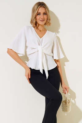 Önü Bağlamalı Bluz Beyaz - Kadın Giyim Modelleri