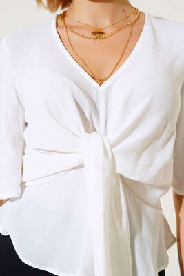 Önü Bağlamalı Bluz Beyaz - Kadın Giyim Modelleri