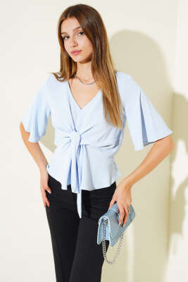 Önü Bağlamalı Bluz Buz Mavisi - Kadın Giyim Modelleri