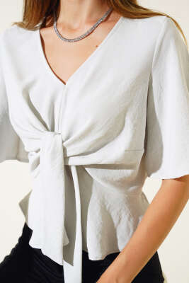 Önü Bağlamalı Bluz Gri - Kadın Giyim Modelleri