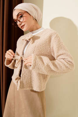 Önü Bağlamalı Buklet Kısa Kimono Bej - TABLO FASHİON