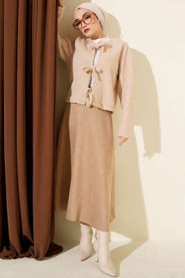 Önü Bağlamalı Buklet Kısa Kimono Bej - Dış Giyim&Mont