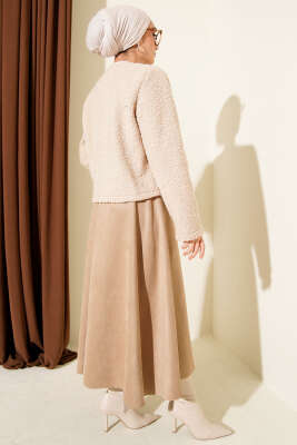 Önü Bağlamalı Buklet Kısa Kimono Bej - Dış Giyim&Mont