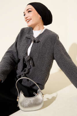 Önü Bağlamalı Buklet Kısa Kimono Füme - TABLO FASHİON