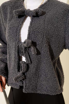 Önü Bağlamalı Buklet Kısa Kimono Füme - Dış Giyim&Mont