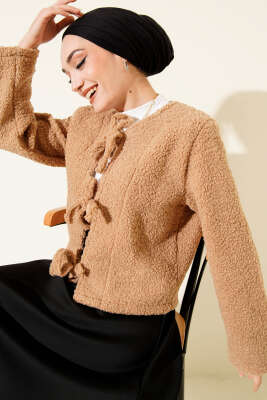 Önü Bağlamalı Buklet Kısa Kimono Latte - TABLO FASHİON