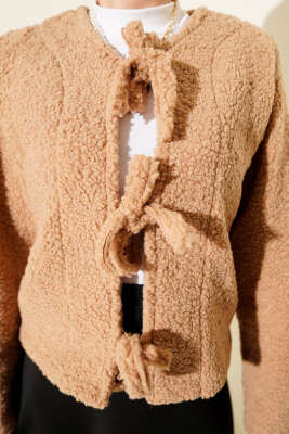 Önü Bağlamalı Buklet Kısa Kimono Latte - Dış Giyim&Mont