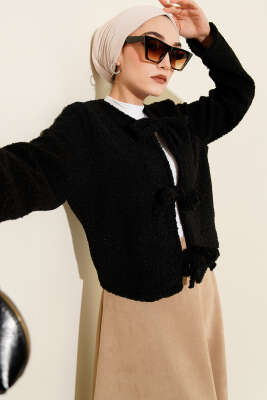 Önü Bağlamalı Buklet Kısa Kimono Siyah - TABLO FASHİON