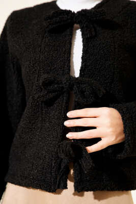 Önü Bağlamalı Buklet Kısa Kimono Siyah - Dış Giyim&Mont