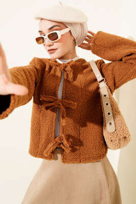 Önü Bağlamalı Buklet Kısa Kimono Taba - TABLO FASHİON