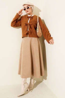 Önü Bağlamalı Buklet Kısa Kimono Taba - Dış Giyim&Mont