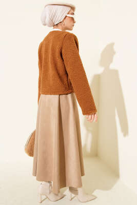 Önü Bağlamalı Buklet Kısa Kimono Taba - Dış Giyim&Mont