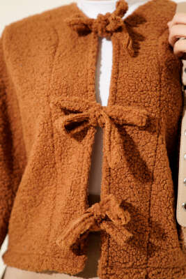 Önü Bağlamalı Buklet Kısa Kimono Taba - Dış Giyim&Mont