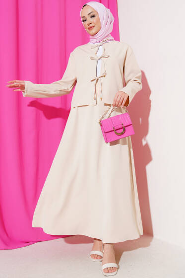 Önü Bağlamalı Ceketli Etekli Takım Bej - İkili Takım