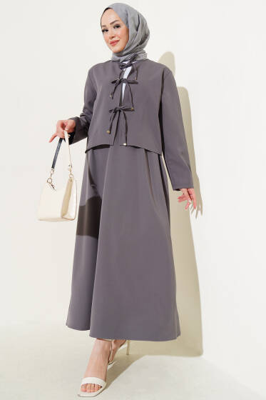 Önü Bağlamalı Ceketli Etekli Takım Füme - İkili Takım