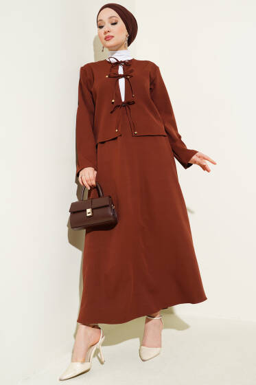 Önü Bağlamalı Ceketli Etekli Takım Kahve - İkili Takım
