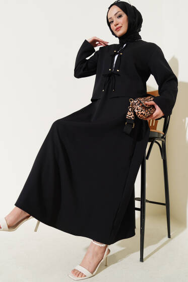 Önü Bağlamalı Ceketli Etekli Takım Siyah - İkili Takım