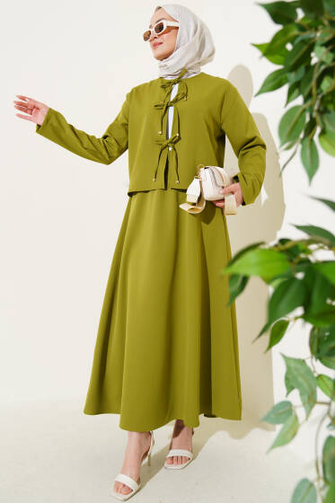 Önü Bağlamalı Ceketli Etekli Takım Yağ Yeşili - İkili Takım