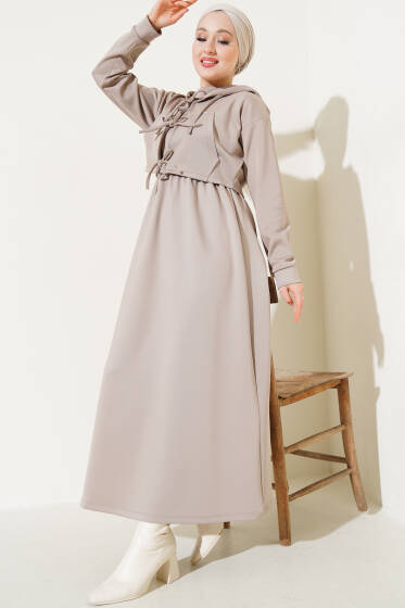 Önü Bağlamalı Ceketli Scuba İkili Takım Bej - İkili Takım