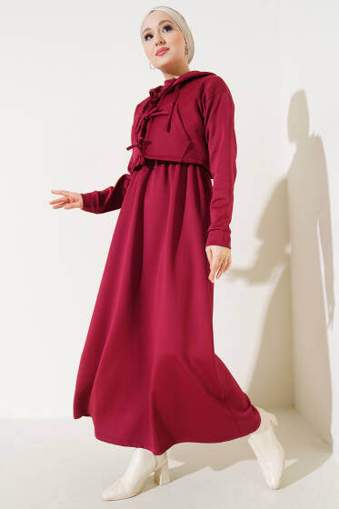 Önü Bağlamalı Ceketli Scuba İkili Takım Bordo - İkili Takım