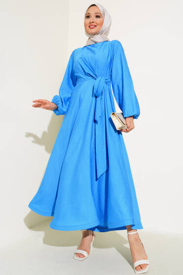 Önü Bağlamalı Elbise Mavi - Elbise