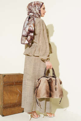 Önü Bağlamalı Fırfırlı Etekli İkili Takım Bej - İkili Takım