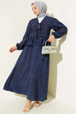 Önü Bağlamalı Fırfırlı Etekli İkili Takım Lacivert 