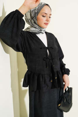 Önü Bağlamalı Fırfırlı Etekli İkili Takım Siyah - İkili Takım