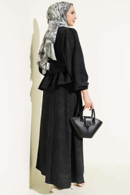 Önü Bağlamalı Fırfırlı Etekli İkili Takım Siyah - İkili Takım